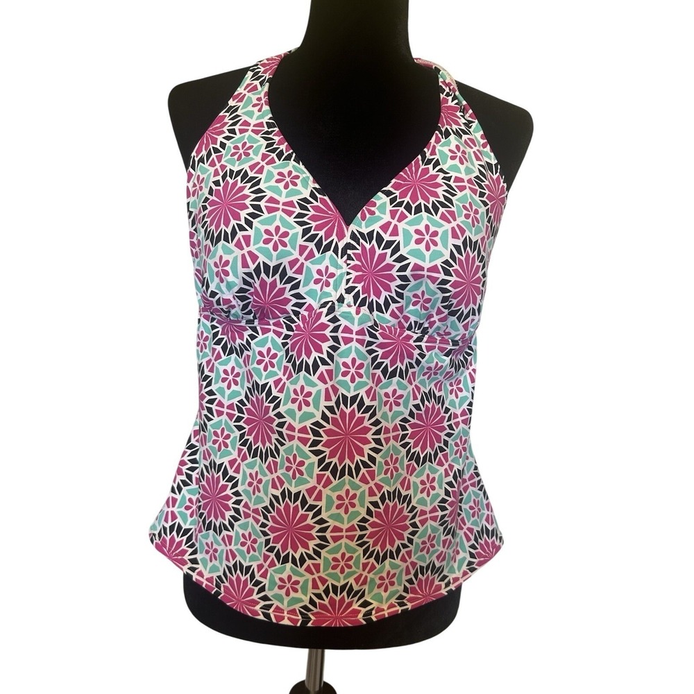 Lands' End Floral Halter Tankini Top in Pink, Teal, White
